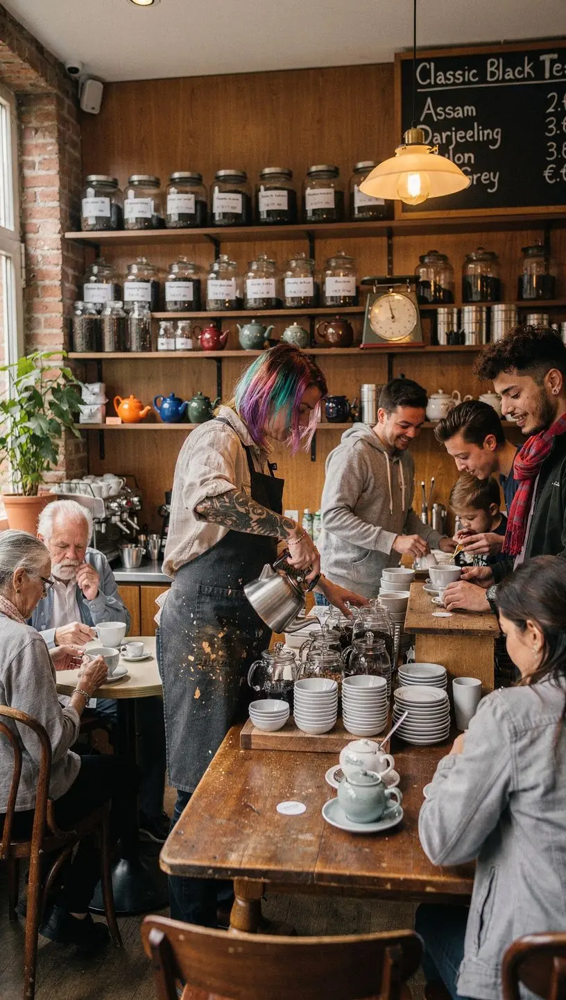 Une théière en fonte versant du thé noir dans une tasse délicate.