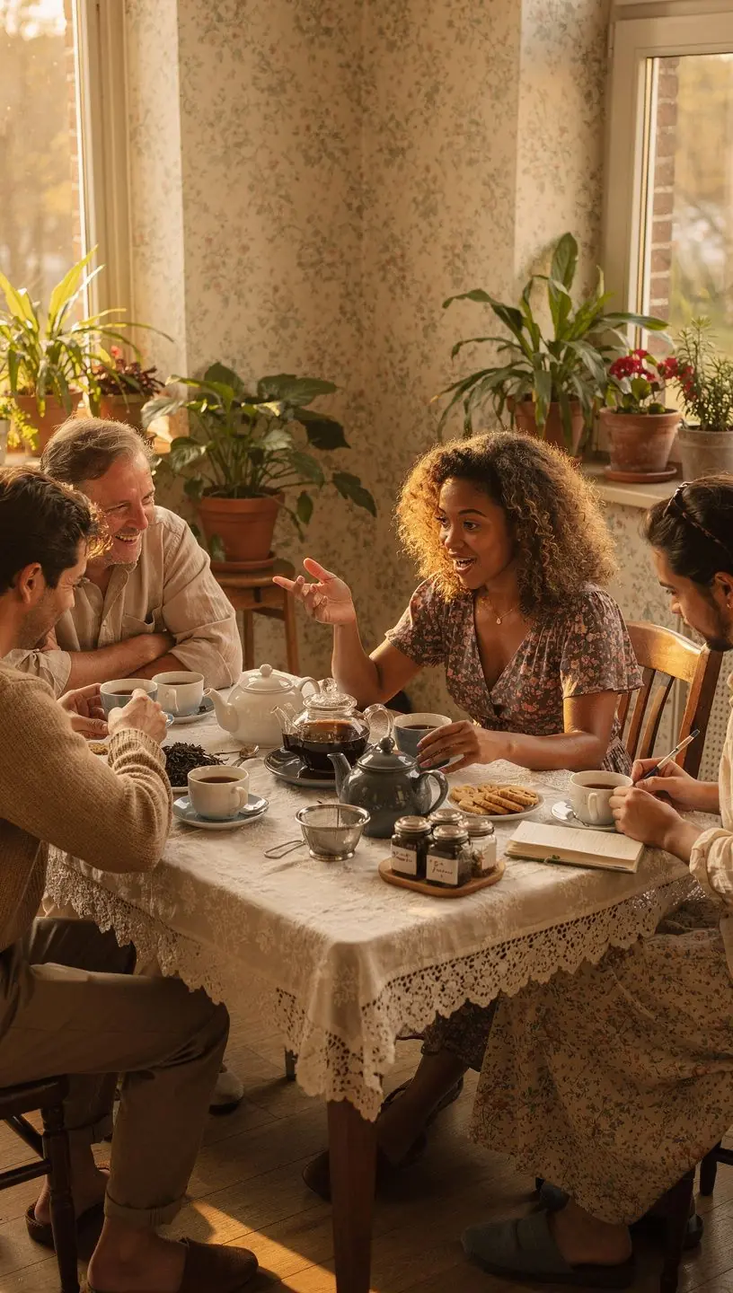 Tasse de thé noir fumant avec des feuilles de thé et des épices en arrière-plan.