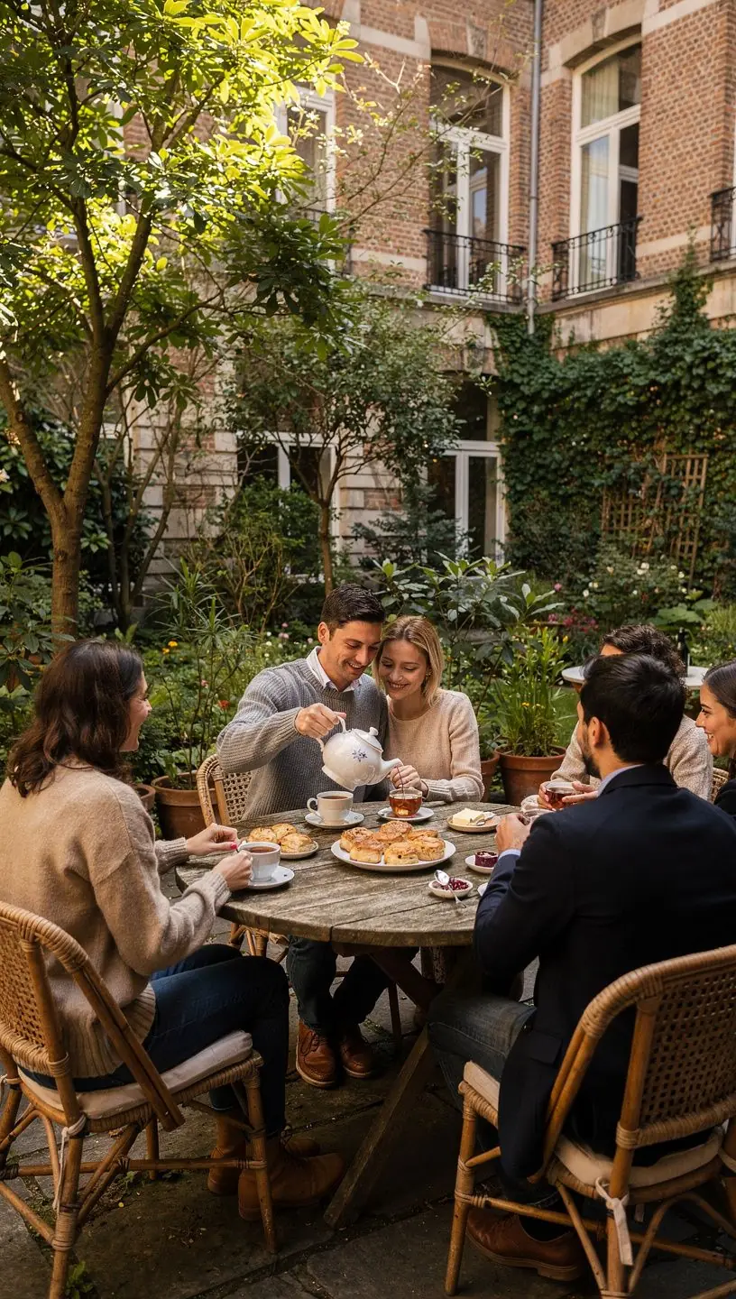 Groupe d'amis partageant une expérience de dégustation de différents thés noirs.